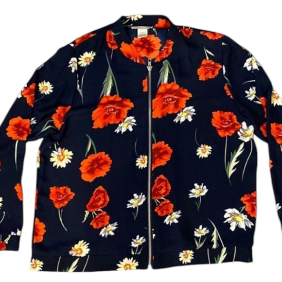 Lightweight Windbreaker Style Jacket Black Red Floral, Front Zip, Size XL - Picture 5 of 6